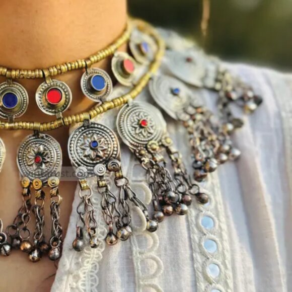 Gypsy Statement Necklace, Handmade Multi Layer Afghan Choker with Bells - Picture 2 of 10